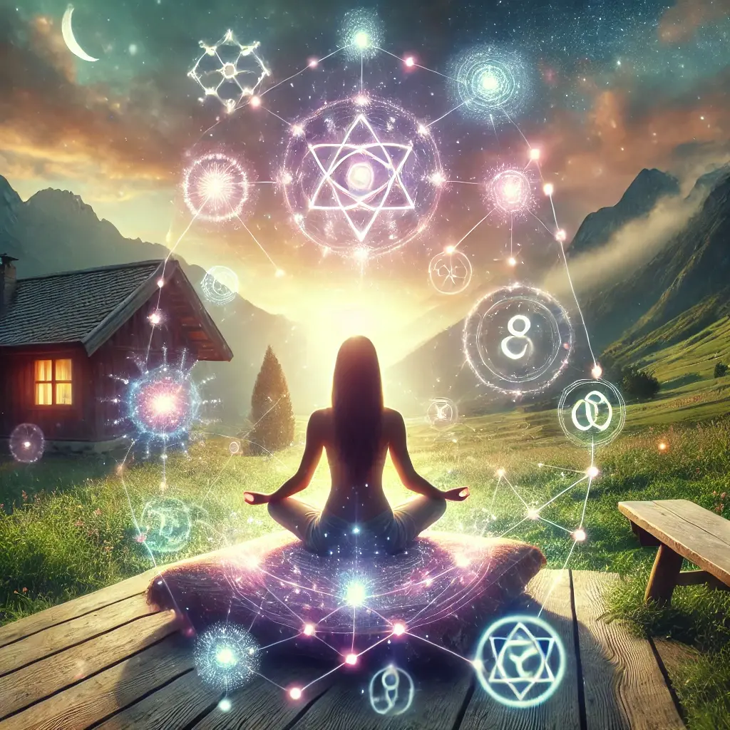 Dall e 2024 09 19 13 29 31 a mystical and serene image featuring a woman meditating in the center surrounded by interconnected symbols and glowing light